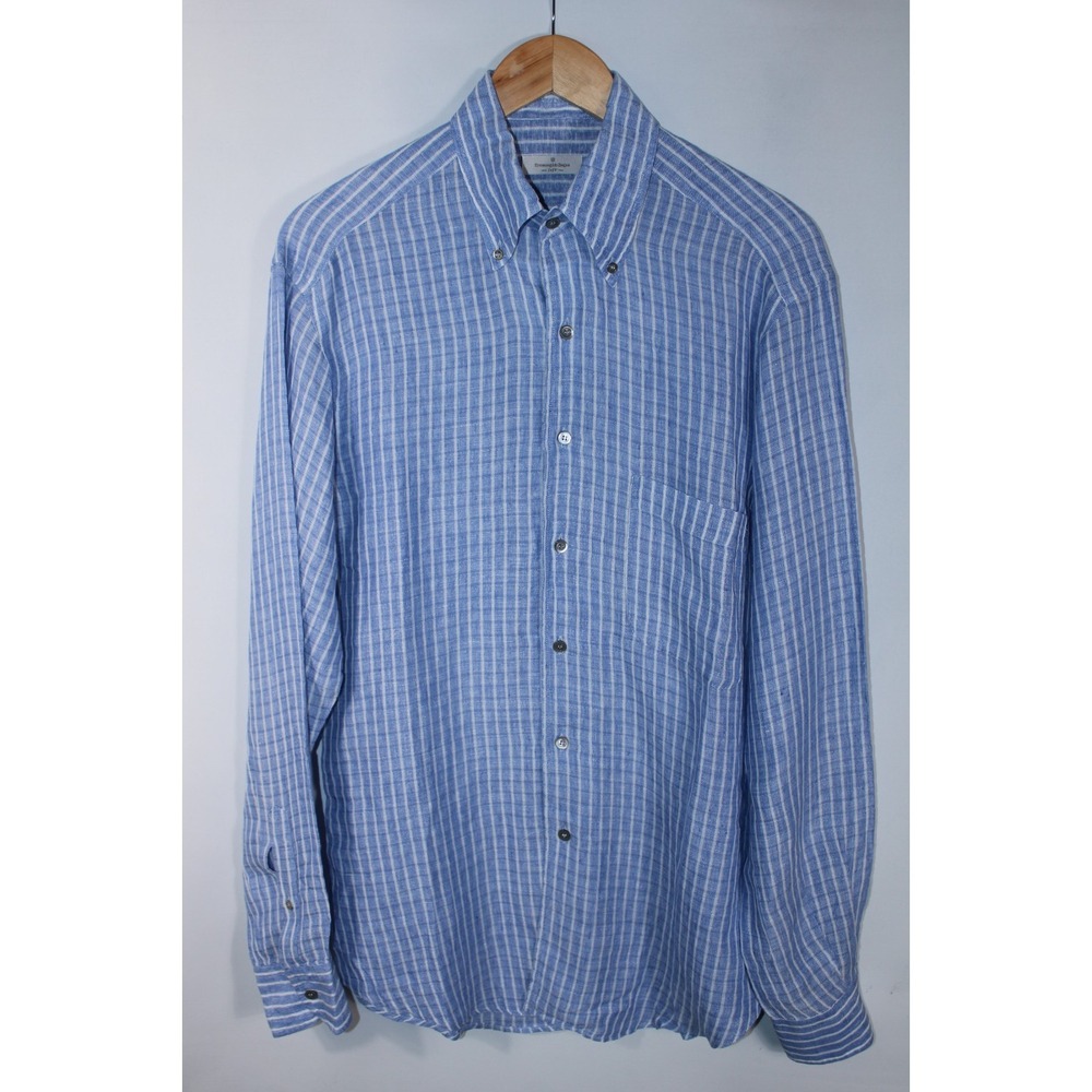 Ermenegildo Zegna Soft Men's Size 38/15 Blue White Check Linen Blend Shirt
